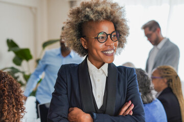 Multiracial people working inside modern office - Young african business woman smiling and posing in front of camera - Entrepreneurs and colleagues concept