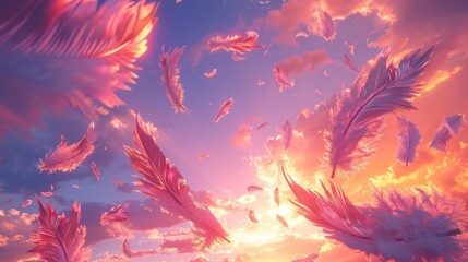 Pink feathers are falling from a bright sky.