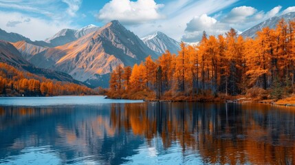 beautiful lake with mountains and orange trees in the background
