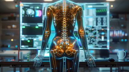 Illustration of orthopedic analysis technology, a pelvis and body scan of a female - obrazy, fototapety, plakaty