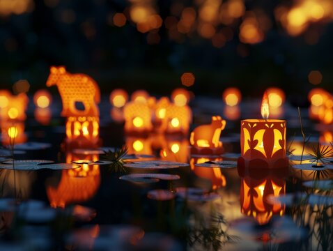 A group of paper lanterns in the shape of animals floating on a pond at night.