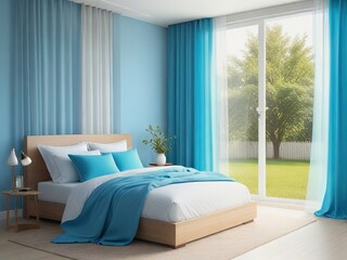 bed room with a sky blue wall, warmth and nature touch, walnut bed frame, and sheer white curtain for the window - obrazy, fototapety, plakaty