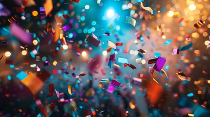 Confetti falling in front of a blurred background of bright lights. - obrazy, fototapety, plakaty