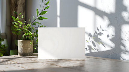 a white canvas is on a wooden table with a plant in the background.