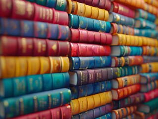 A wall of old books with red, blue, green, and yellow spines.