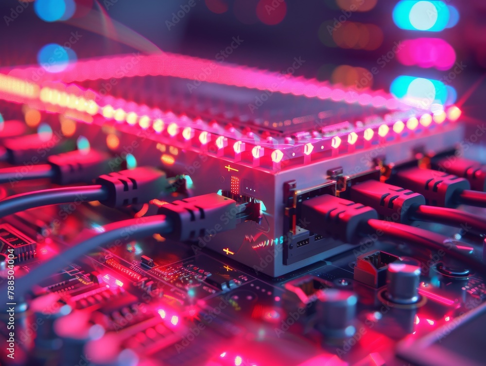 Poster a computer motherboard with a glowing red light.