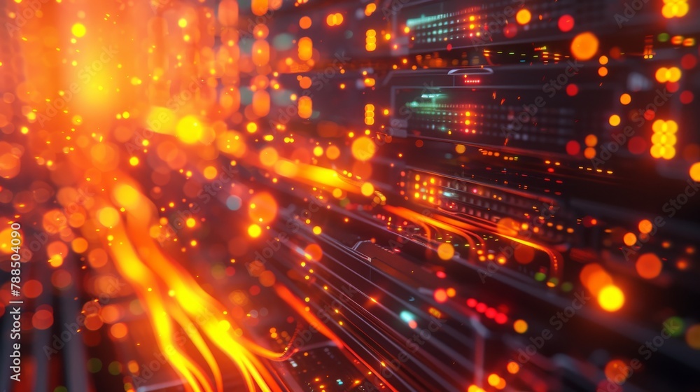 Poster servers in a data center with a warm orange glow and glowing particles in the foreground.