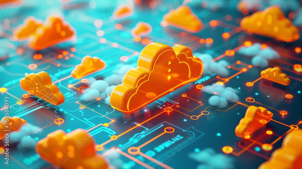 Aufkleber 3d rendering of orange clouds on a circuit board.