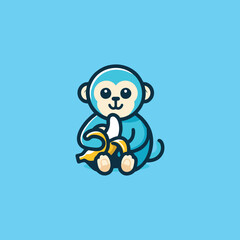 Monkey logo holding banana, Cute monkey brand mascot cartoon character, Animal Logo, Vector illustration of cute shape monkey