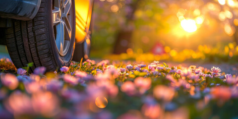 Closeup of car tires on the road with spring flowers in a blossoming meadow at sunset. Spring background, copy space concept. banner for a holiday travel or summer vacation 