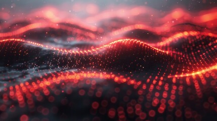 Red glowing particles form into a futuristic landscape.