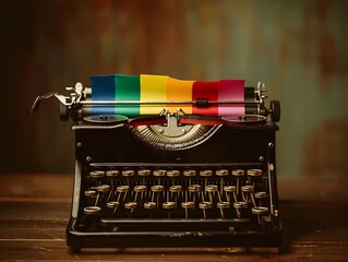 A black vintage typewriter with rainbow paper - obrazy, fototapety, plakaty