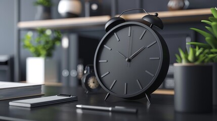 A black desk clock sits on a black desk.
