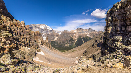 View of the Paradise Valley on the other side of the Sentinel Pass and Grand Sentinel that is an obelisk rock tower on the back side of Pinnacle Mountain, in Banff National Park, Alberta, Canada