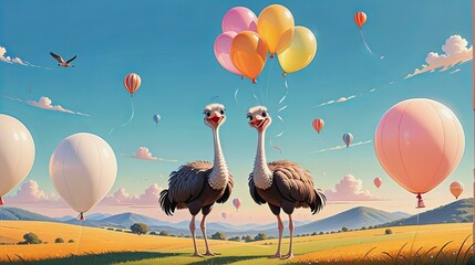 Cartoon ostrich with balloons - obrazy, fototapety, plakaty