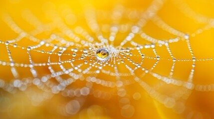 A macro photo of a spider web with dew drops on it.