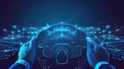 Autopilot, hands holding the steering wheel of the aircraft. Polygonal design of interconnected lines and points. AI generated