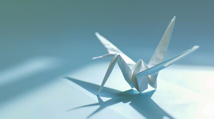 A white origami crane is sitting on a blue table.