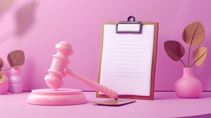 Obraz na płótnie Canvas 3D Law Service. Realistic 3d design of Judge hammer and Paper clipboard. Commercial law, Legal advice for business. Vector illustration in cartoon minimal style