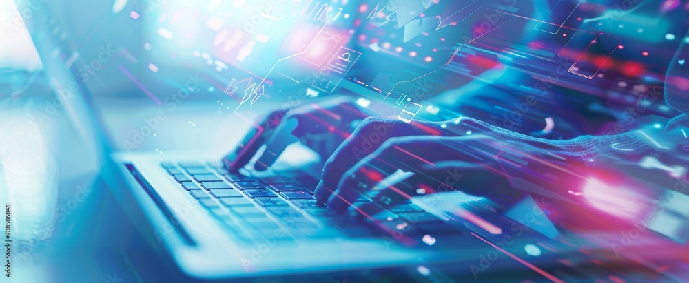 Poster a business person using a laptop computer with a digital screen showing financial data and social me