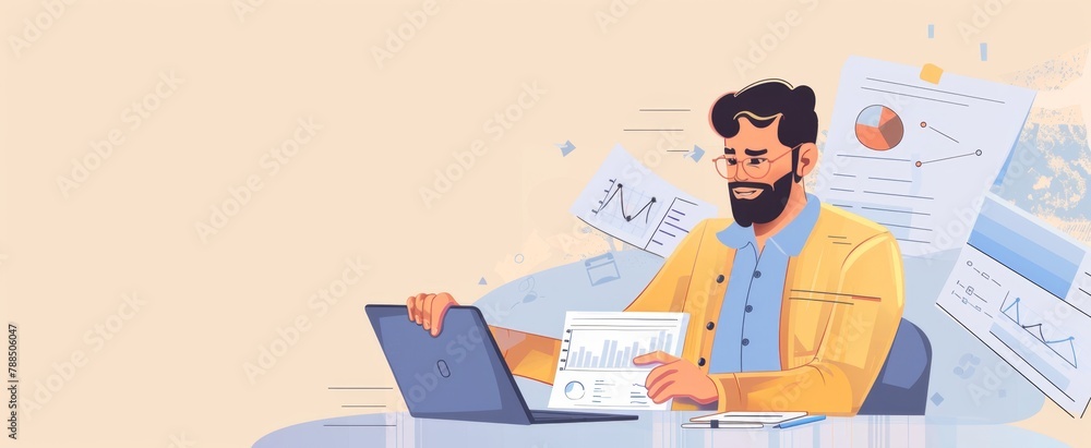 Poster businessman using a laptop and tablet for data analysis, business analytics concept with a digital t