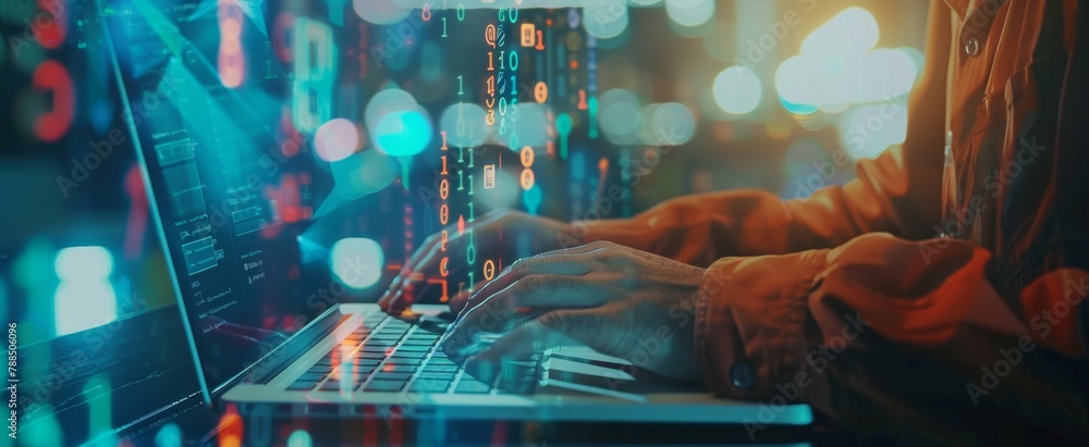 Aufkleber businessman using laptop with digital data and graphs on screen, working in the office for financial