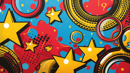 Rotating lines, stars, sparkles designed in pop art style for bar wall. Real bar dark background in pop art retro comic style.