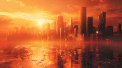 Fototapeta premium Melting Cityscape under Scorching Sun: A Global Warming Reminder