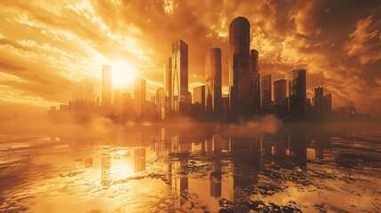 Melting Cityscape Under Scorching Sun: A Global Warming Reality