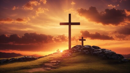 A wooden cross on a hill at sunset