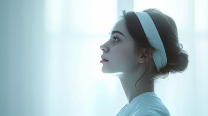 Nurse in profile, standing strong against a stark white light, clean lines and minimalistic heroism - obrazy, fototapety, plakaty