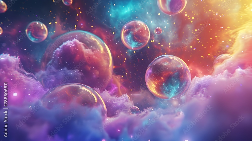 Aufkleber three-dimensional abstract spheres floating in a multicolor nebula, exuding soft light and radiating