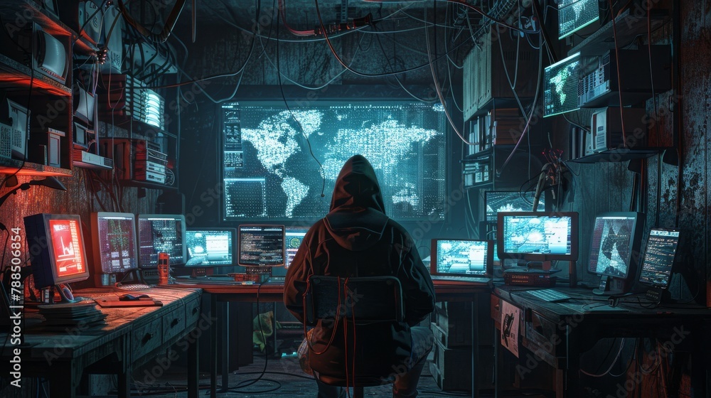 Poster a hacker plotting a cyber attack in a dimly lit room filled with monitors