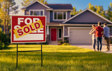 Sold professional real estate agent photography stock image high resolution For Sale Sign and Family with Sold Sticker