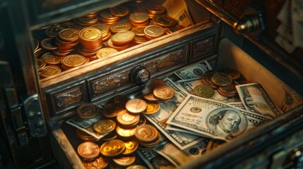 Old, worn coins and fresh banknotes inside an open safe, ambient light seeping in, shot from above - obrazy, fototapety, plakaty