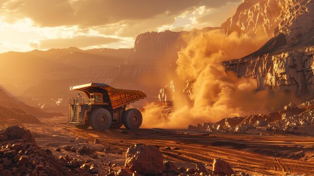 Rugged terrain of a mining site, heavy machinery in operation, dust clouds highlighted by golden hour light