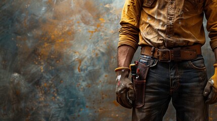 Portrait of a worker with a stylized tool belt and graphic safety shirt, grunge wall backdrop, even light