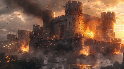 A medieval castle siege with catapults launching fiery projectiles at dusk