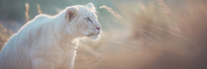 serene white tiger is captured against a softened background of golden tall grass, with rays of the setting sun highlighting its fur. This regal creatures steady gaze is fixed intently on the distance