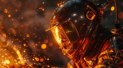 Welder in protective gear under the harsh glow of a welding torch, sparks flying, close up