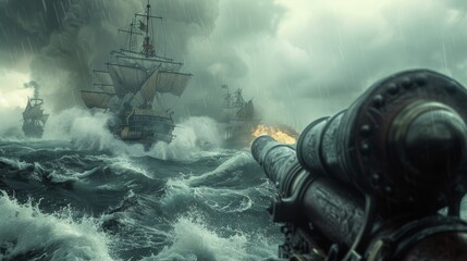 Pirate Ship Battle   Cannons firing amidst rolling waves, stormy sky overhead - obrazy, fototapety, plakaty
