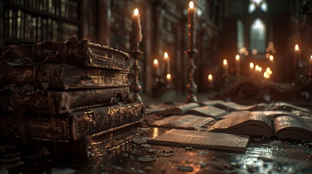 Ancient Library Secrets   Dusty tomes and ancient manuscripts in a dimly lit library, candlelight flickering