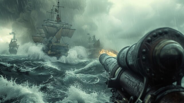 Pirate Ship Battle   Cannons firing amidst rolling waves, stormy sky overhead