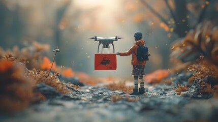 Aerial Delivery Drone Transporting Package Through Enchanted Forest Landscape