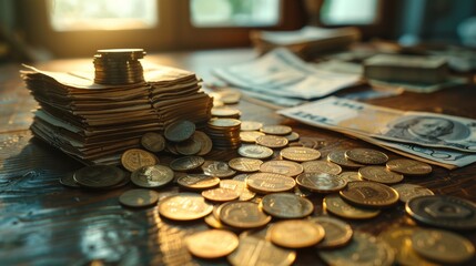 Aerial view of scattered Euro coins and bills on a rustic wooden table, soft morning light