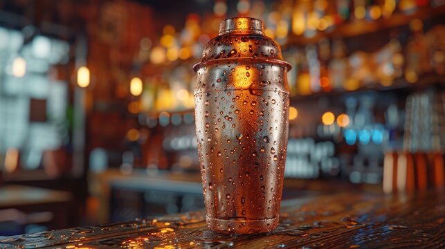 Close up on a copper cocktail shaker mid shake, condensation visible, artisanal bar setting