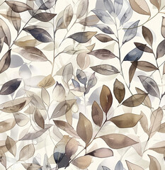 Seamless texture depicted in watercolor. The image presents tree branches and leaves in natural tones. Can be used on fabric, paper and other products.