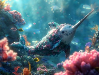 Jovial narwhal with a seaweed shake, underwater scene with colorful coral reefs and playful fish - obrazy, fototapety, plakaty