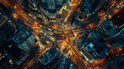 A nighttime aerial view of a cityscape featuring a sprawling maze of twinkling lights from moving cars traveling down the empty streets - obrazy, fototapety, plakaty