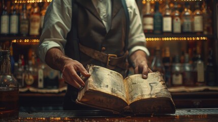 Bartender in period attire pulling a classic cocktail book from a dusty shelf behind the bar, dim lighting - obrazy, fototapety, plakaty